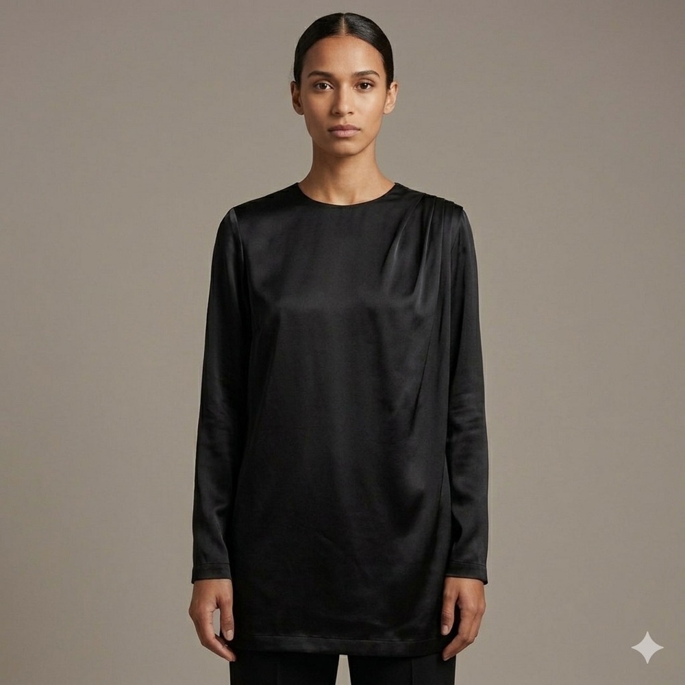 Vintage 80s Black Long Sleeve Batwing Satin Blouse - Medium